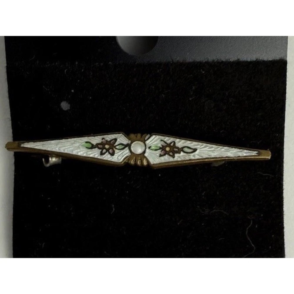 Antique Womens Brass White Enamel Floral Collar Bar Guilloche C Clasp Brooch Pin
